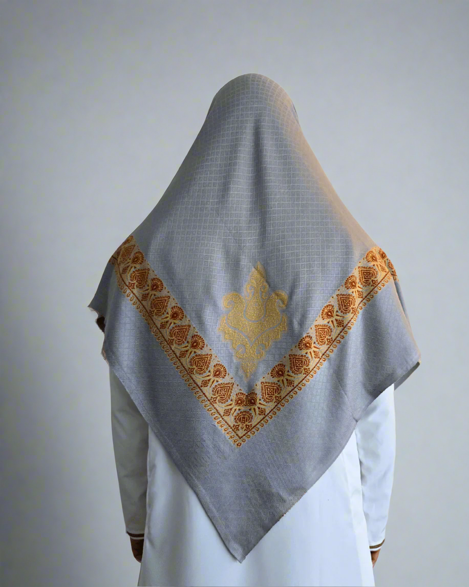 Grey Yemeni Shemagh with Red & Gold Embroidered Pattern