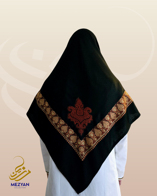 Black Yemeni Shemagh with Red & Gold Embroidered Pattern