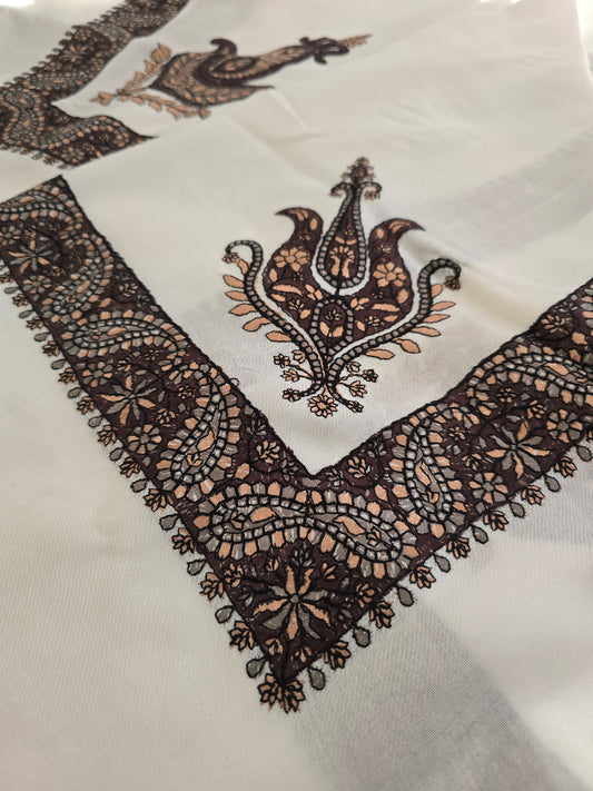 Pure White with Brown and Burgundy Embroidery