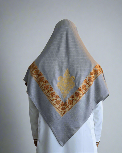 Grey Yemeni Shemagh with Red & Gold Embroidered Pattern